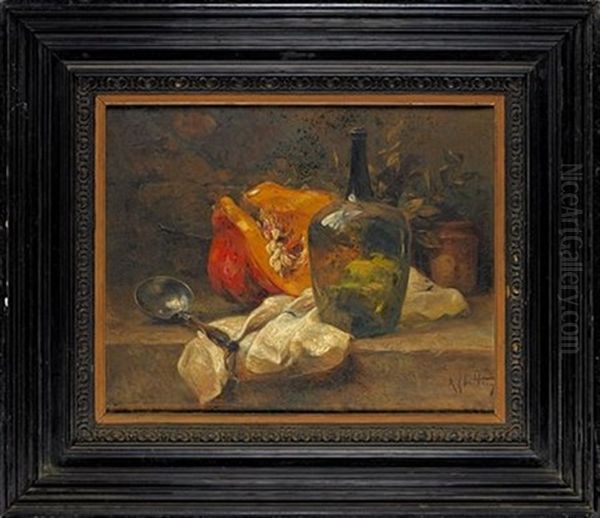 Nature Morte Avec Une Citrouille Et Une Bouteille De Vin Oil Painting by Rene Louis Chretien