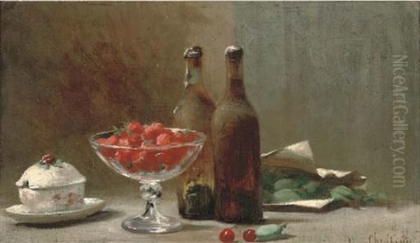 Bottles, Strawberries In A Bowl, With Cherries And A Pot To The Side by Rene Louis Chretien