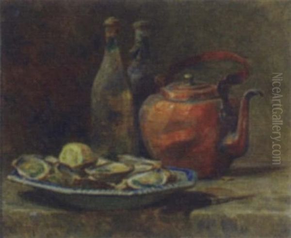 Still Life With Oysters, Kettle And Bottles Oil Painting by Rene Louis Chretien