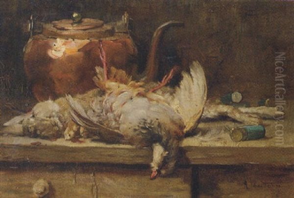 A Still Life With A Rabbit, A Pigeon And A Copper Kettle Oil Painting by Rene Louis Chretien