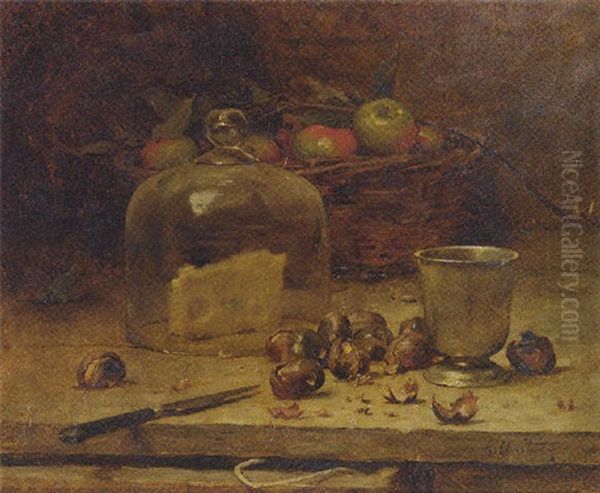 A Still Life With Cheese, Chestnuts And Apples In A Wicker Basket Oil Painting by Rene Louis Chretien