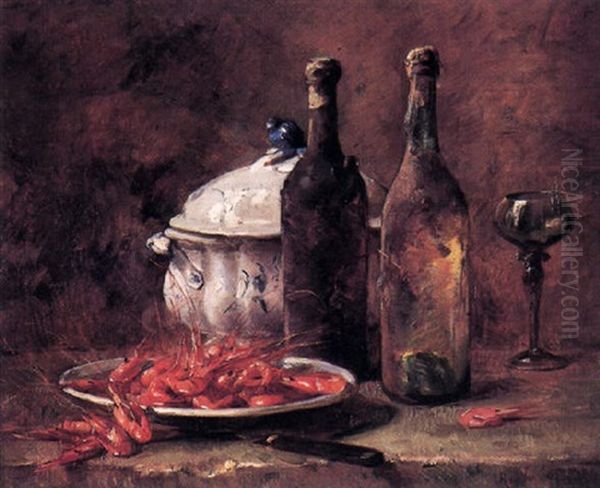 Nature Morte Aux Crevettes, A La Soupiere Et Aux Vieilles Bouteilles De Vin Oil Painting by Rene Louis Chretien