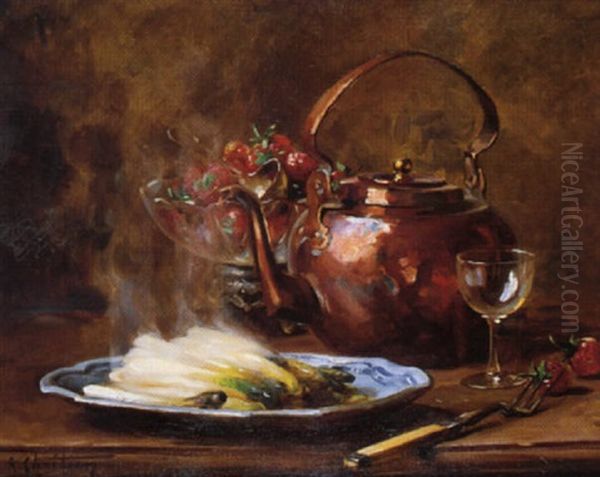 Nature Morte Aux Asperges Et Fraises Oil Painting by Rene Louis Chretien