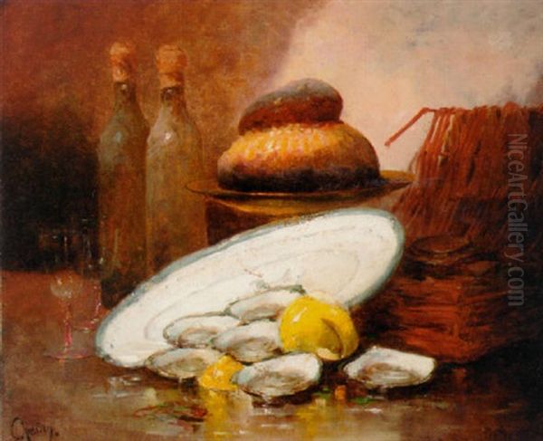 Oysters, Lemons, A Loaf Of Bread, A White Plate And Wine Bottles On A Table Oil Painting by Rene Louis Chretien