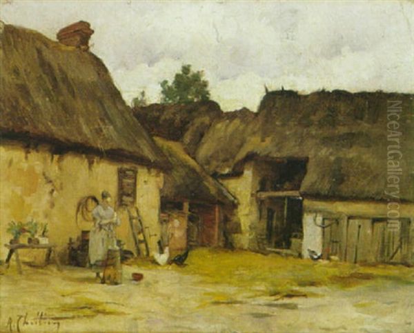 Gehoft Mit Bauerin Am Butterfass Oil Painting by Rene Louis Chretien