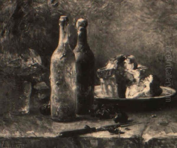 Tabletop Still Life With Bottles And Cake Oil Painting by Rene Louis Chretien