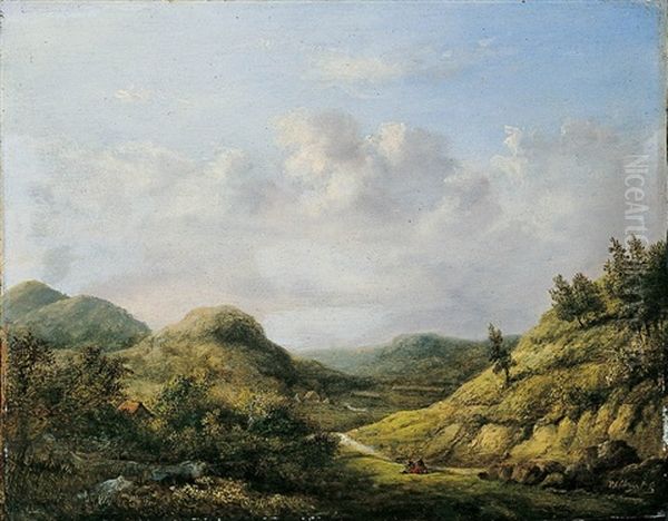 Wide Landscape With Two Resting Figures Oil Painting by Pieter Caspar Christ