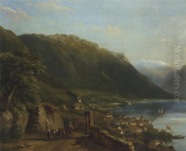 View Of Montreux With Lake Gevena And Chateau De Chillon And Les Dent Du Midi In The Distance Oil Painting by Pieter Caspar Christ