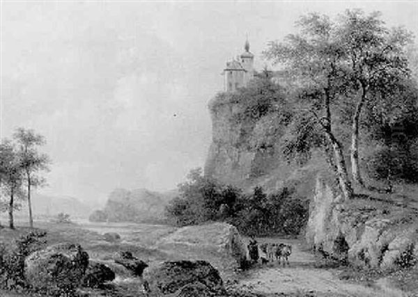 A River Valley With A Peasant Woman And Donkeys On A Path, A Castle On A Hilltop Beyond Oil Painting by Pieter Caspar Christ