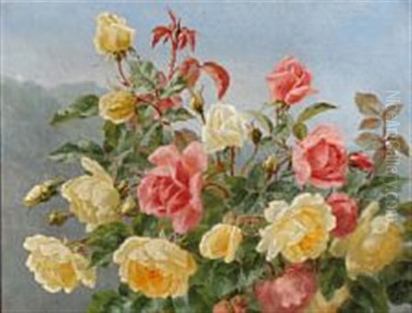 Yellow And Pink Roses Oil Painting by Anthonie Eleonore (Anthonore) Christensen