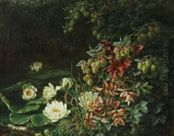 Hops At A Lake With Water Lilies Oil Painting by Anthonie Eleonore (Anthonore) Christensen