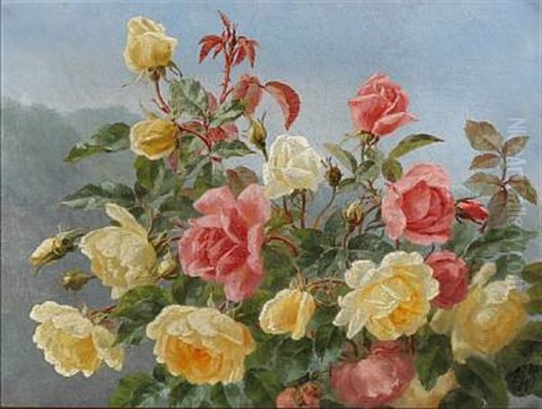 Yellow And Pink Roses Oil Painting by Anthonie Eleonore (Anthonore) Christensen