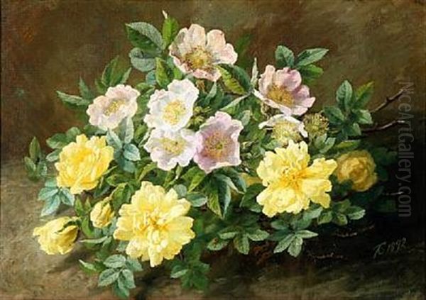 Yellow And Pink Flowers Oil Painting by Anthonie Eleonore (Anthonore) Christensen