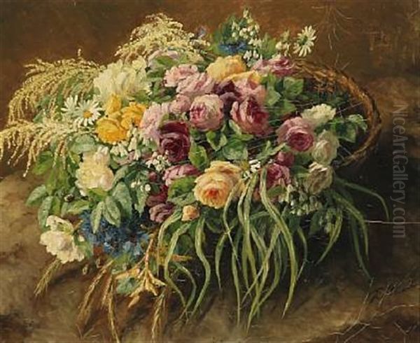 Flowers In A Basket Oil Painting by Anthonie Eleonore (Anthonore) Christensen