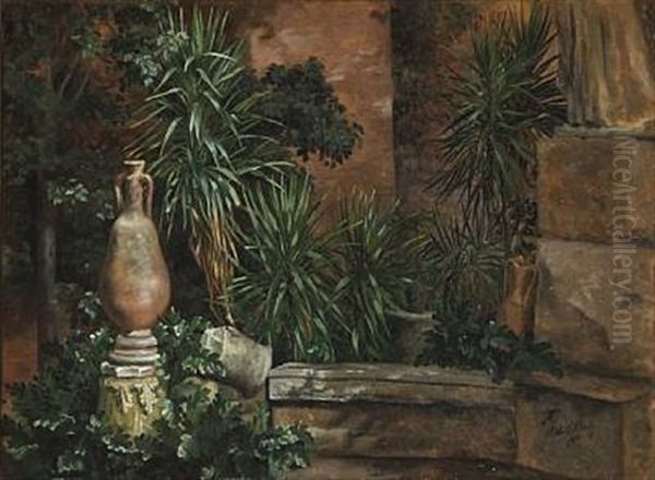 Palms And Jars In A Courtyard In Rome Oil Painting by Anthonie Eleonore (Anthonore) Christensen