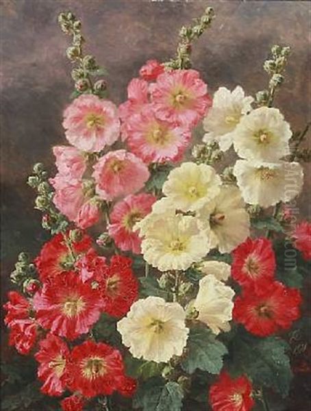 Flowering Hollyhocks Oil Painting by Anthonie Eleonore (Anthonore) Christensen