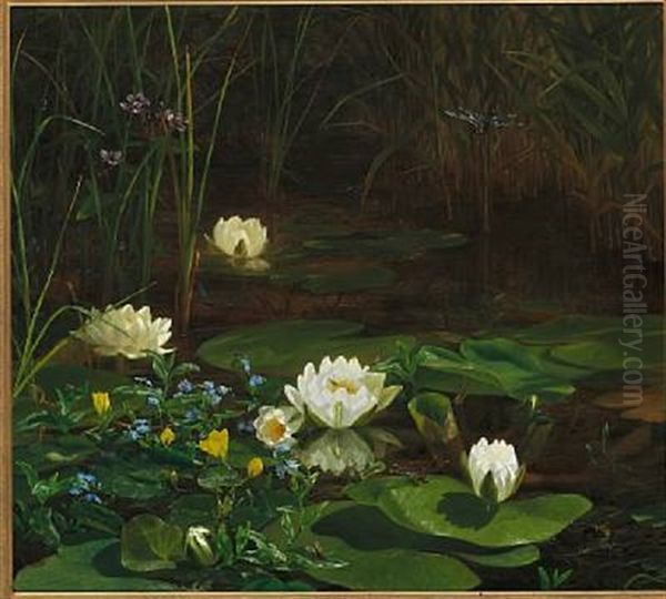 Forest Lake With Water Lilies In Bloom And Numerous Insects Oil Painting by Anthonie Eleonore (Anthonore) Christensen