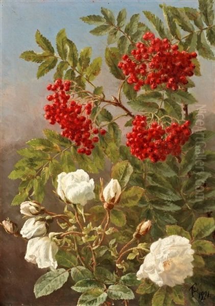 Blomsterstilleben Med Rosor Och Ronnbar Oil Painting by Anthonie Eleonore (Anthonore) Christensen