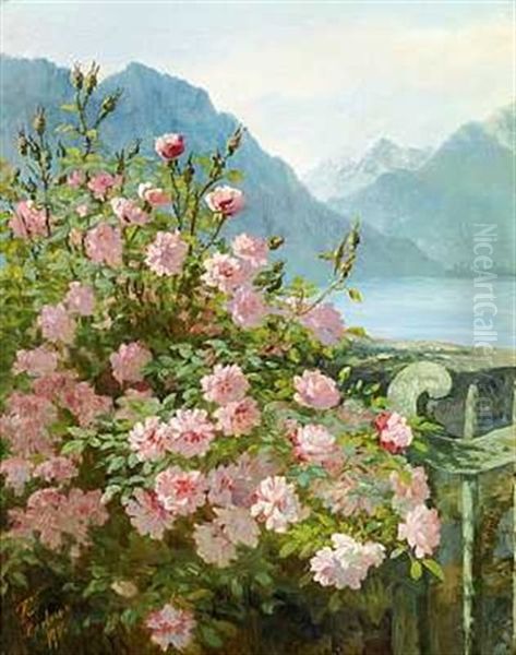 Blomstrende Rosenbusk Ved En Schweizisk So, I Baggrunden Bjerglandskab Oil Painting by Anthonie Eleonore (Anthonore) Christensen