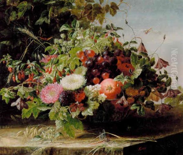 Opstilling Med Asters, Fuchsia, Aebler Og Vindruer I En Skal Pa En Karm, Hvorpa Kornaks Og Flyvende Guldsmed Oil Painting by Anthonie Eleonore (Anthonore) Christensen