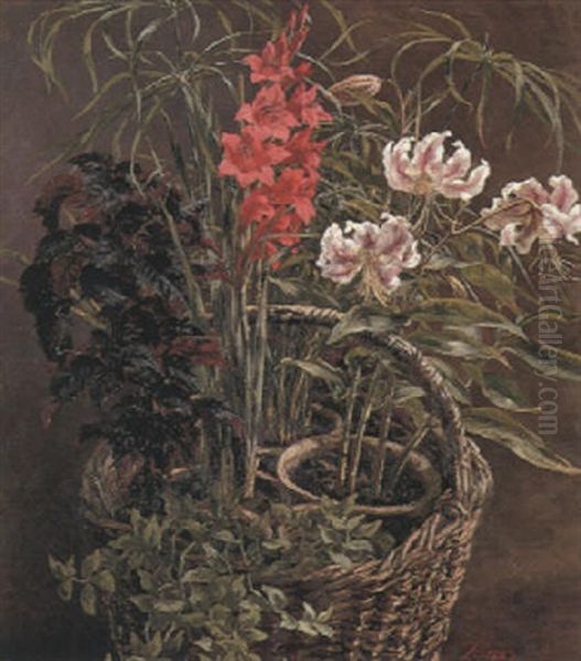 Rubrum Lilies And Gladiolus In A Straw Basket Oil Painting by Anthonie Eleonore (Anthonore) Christensen