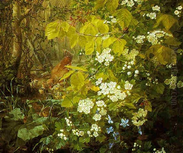 Hen And Chicks Amongst Apple Blossoms Oil Painting by Anthonie Eleonore (Anthonore) Christensen