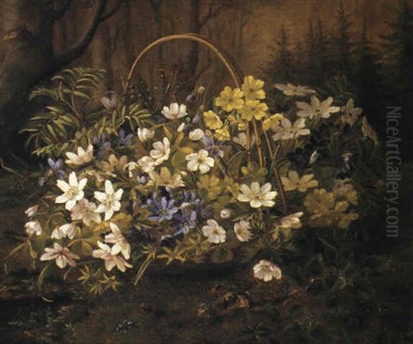 Forarsblomster I En Kurv I Skovbunden Oil Painting by Anthonie Eleonore (Anthonore) Christensen