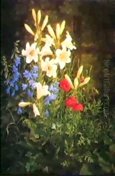 Easter Lillies, Poppies And Bluebells In A Summer Landscape Oil Painting by Anthonie Eleonore (Anthonore) Christensen