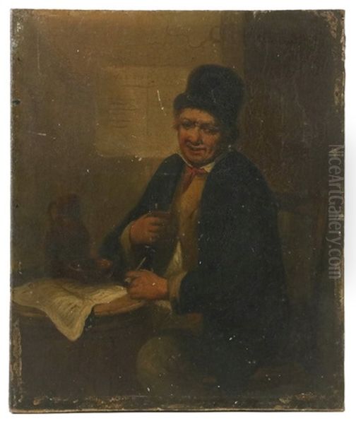 Man In A Tavern With Newspaper Oil Painting by Christian Frederik Christensen