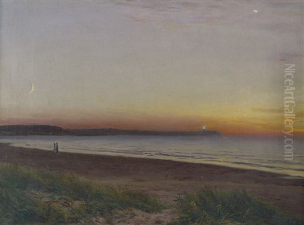 Spazierganger Am Strand Von Hornbaek Im Sonnenuntergang Oil Painting by Godfred Christensen