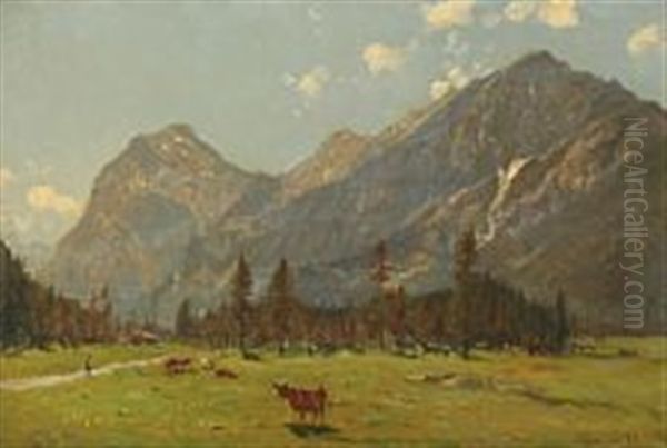 Cows Grazing On The Plains At The Achensee Oil Painting by Godfred Christensen