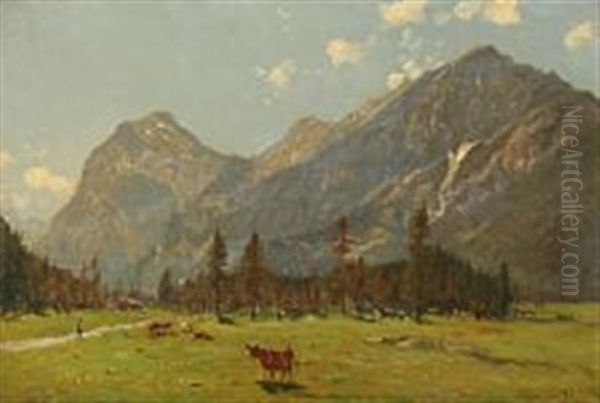 Cows Grazing On The Plains At The Achensee, Tyrol Oil Painting by Godfred Christensen