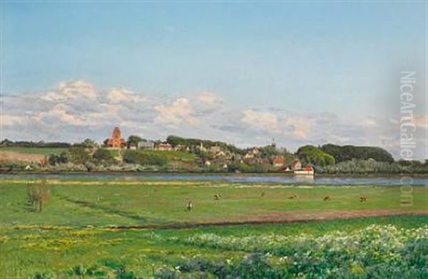 Landscape At Gentofte So (lake) With The Village And Church Of Gentofte In The Background Oil Painting by Godfred Christensen