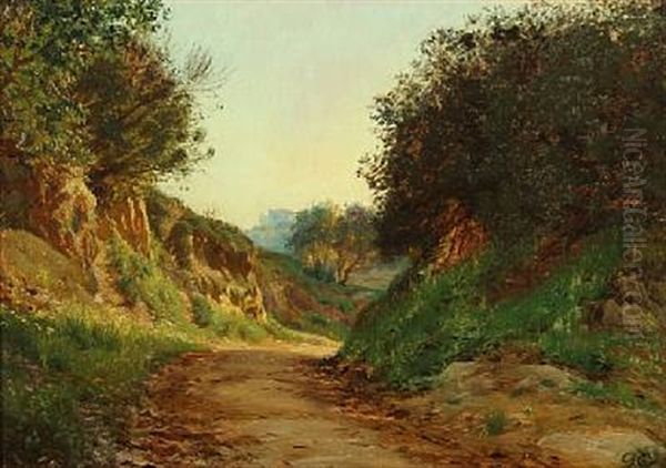 A South European Mountain Road With A House In The Background Oil Painting by Godfred Christensen