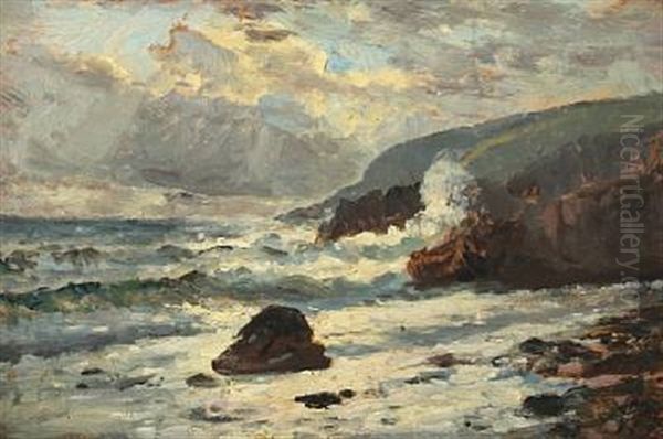 Coastal Scenery With Foaming Waves Oil Painting by Godfred Christensen