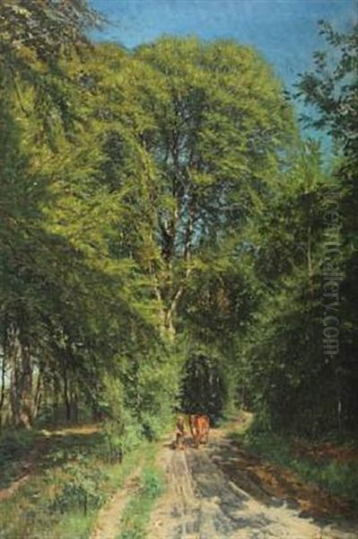 Forest Scenery With Boy And Cow Oil Painting by Godfred Christensen