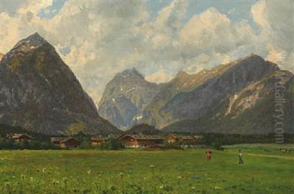 Mountain Landscape With Grazing Cows And Houses In The Background Oil Painting by Godfred Christensen