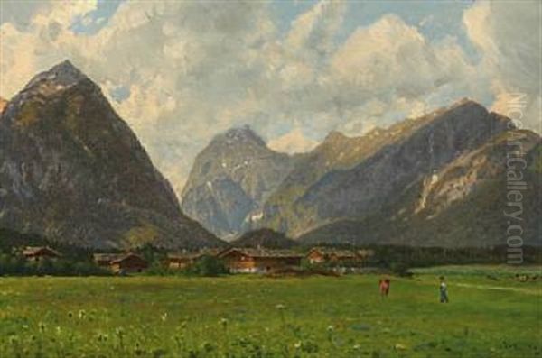 Mountain Landscape With Grazing Cows And Houses In The Background by Godfred Christensen