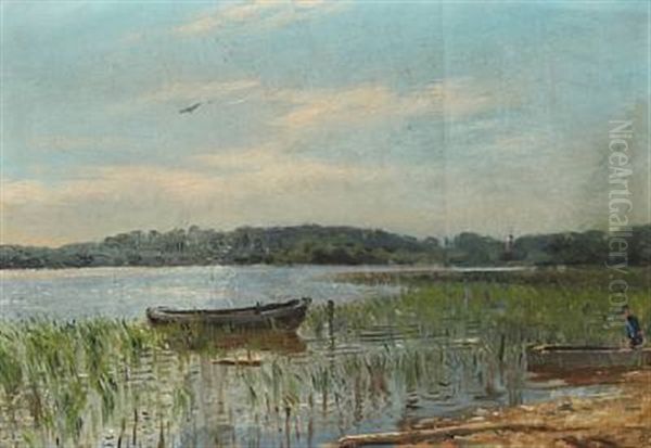 Landskab With Fisherman And Rowing Boats At The Edge Of A Lake Oil Painting by Godfred Christensen