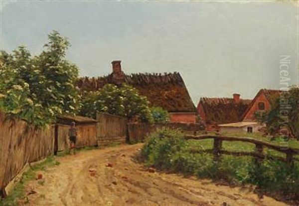 Villagescape With A Boy Walking Along A Gravel Road Oil Painting by Godfred Christensen