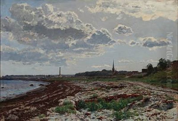 Beach Scene Near A Village Oil Painting by Godfred Christensen