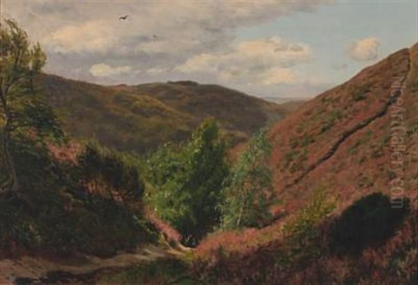 Landscape From Himmelbjerget With Heather Oil Painting by Godfred Christensen