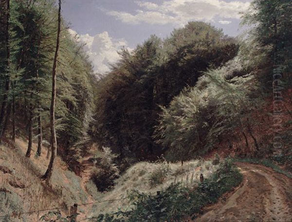 Blick Von Der Hohe In Kleines Bewaldetes Tal Mit Flirrendem Lichteinfall An Einem Sommertag Oil Painting by Godfred Christensen