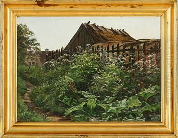 Goutweed Behind A Thatched House Oil Painting by Godfred Christensen