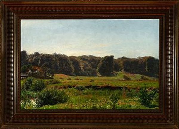 Danish Summer Landscape With Harvest Workers On The Field Oil Painting by Godfred Christensen