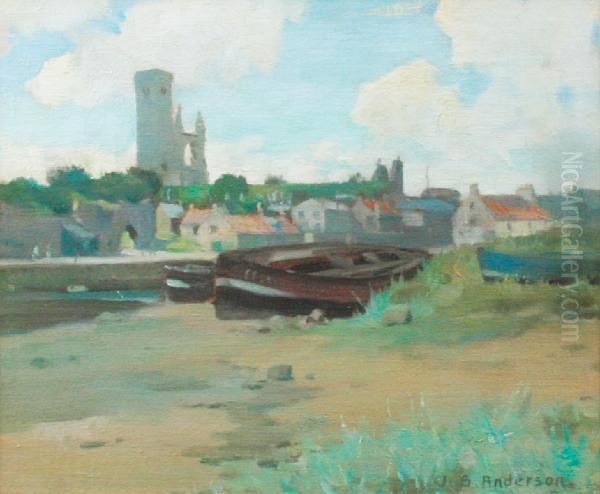 View Of A Town From The River Bank, Apair Oil Painting by James Bell Anderson