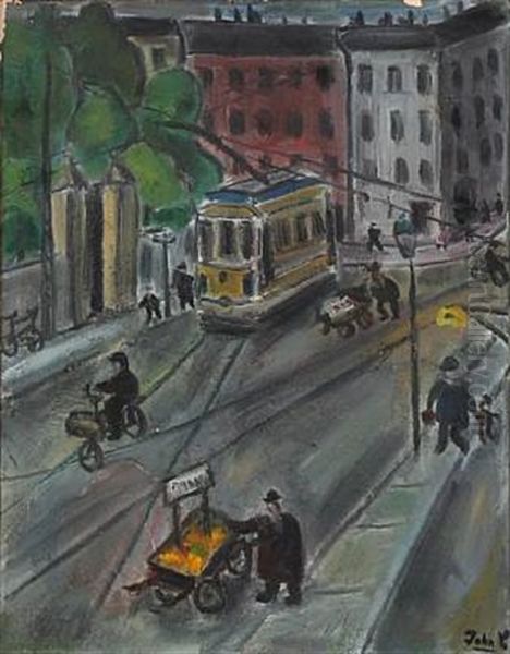 Street Scene With Tram Ride Oil Painting by John Christensen