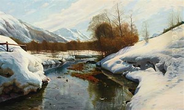 Winter Landscape With River And Mountains In The Background Oil Painting by Peter Christian Christensen