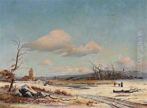 Winter Day In Usserod With Karlebo Church Oil Painting by Peter Christian Christensen