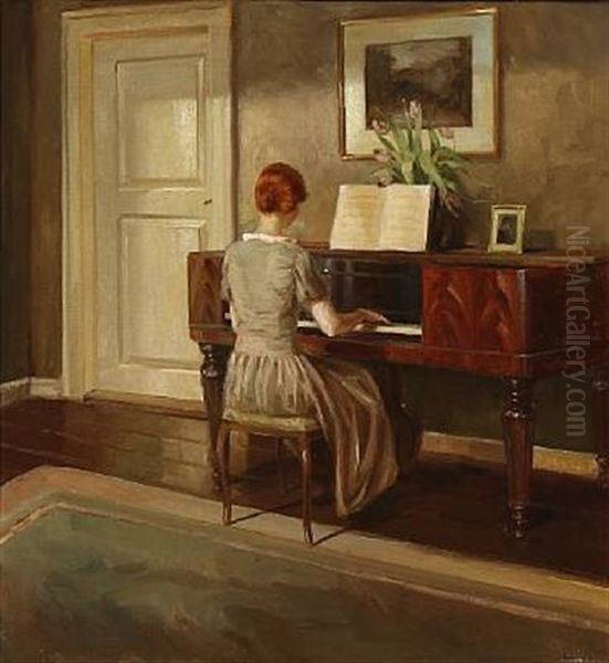 Interior With A Woman Playing The Piano Oil Painting by Soren Josva Christensen